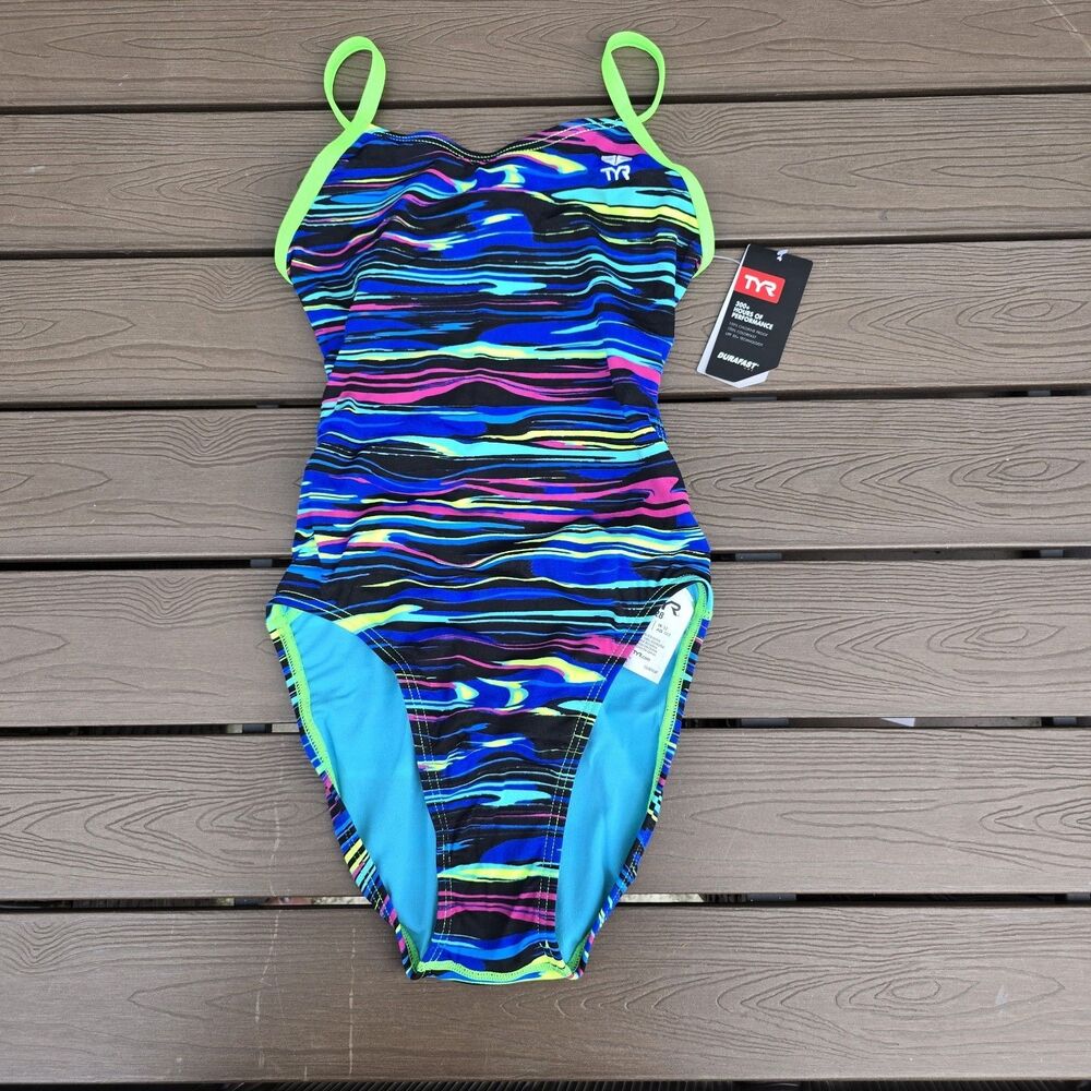 TYR Durafast One Women Cutoutfit Fresno Blue 1 Piece Swimsuit SZ 28 New